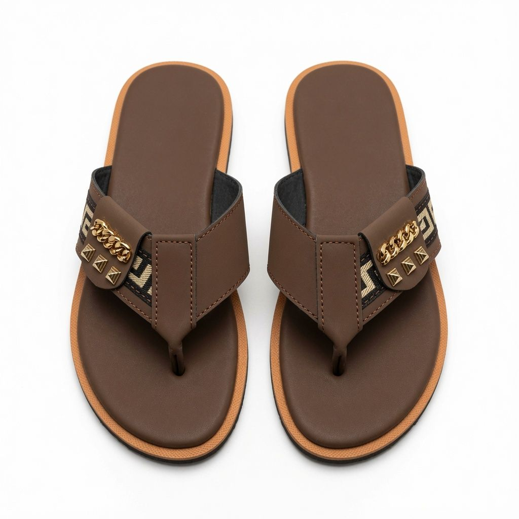 Mens Premium Brown Cross Strap Open Toe Slip On Sandals with Gold Accent